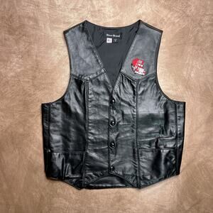 Vintage 90s Steer Brand Leather Vest Semi Truck Embroidered Black Sleeveless